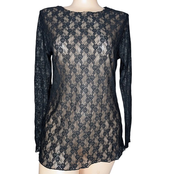 Y2K‎ Mesh Fairy Grunge Top Medium Black Witchy Whimsigoth Sheer Vamp Punk Floral - Picture 2 of 4